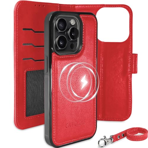 CAVOKAS Handyhülle für iPhone 15 Pro hülle mit Kartenhalter, Abnehmbare, Starke Magnetische Leder-Klapphülle, Kabelloses Aufladen mit MagSafe, Ständer Schutzhülle 6,1 Zoll, Rot CAVOKAS Handyhülle für iPhone 15 Pro hülle mit Kartenhalter, Abnehmbare, Starke Magnetische Leder-Klapphülle, Kabelloses Aufladen mit MagSafe, Ständer Schutzhülle 6,1 Zoll, Rot von CAVOKAS