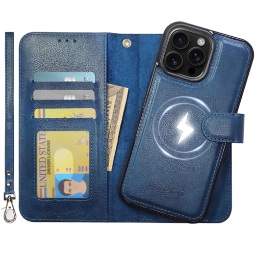 CAVOKAS Handyhülle für iPhone 16 Pro Max hülle mit Kartenhalter, abnehmbare Ledertasche mit Kartenhalter, Starke magnetische Kompatibilität mit MagSafe, Ständer Schutzhülle 6,9 Zoll, Blau von CAVOKAS