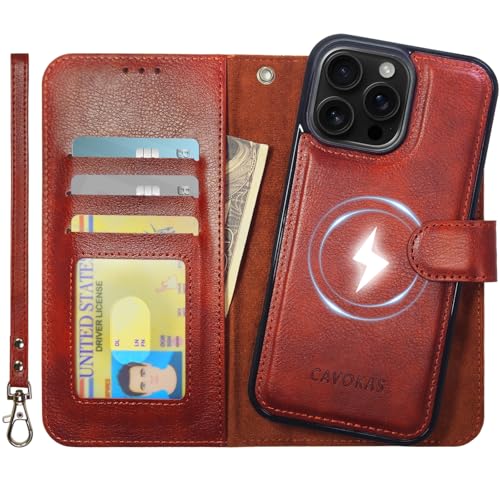 CAVOKAS Handyhülle für iPhone 16 Pro Max hülle mit Kartenhalter, abnehmbare Ledertasche mit Kartenhalter, Starke magnetische Kompatibilität mit MagSafe, Ständer Schutzhülle 6,9 Zoll, Braun von CAVOKAS