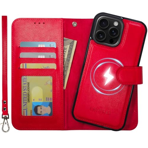 CAVOKAS Handyhülle für iPhone 16 Pro Max hülle mit Kartenhalter, abnehmbare Ledertasche mit Kartenhalter, Starke magnetische Kompatibilität mit MagSafe, Ständer Schutzhülle 6,9 Zoll, Rot von CAVOKAS