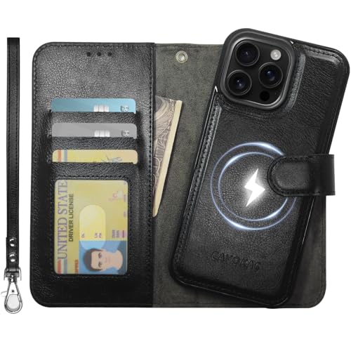 CAVOKAS Handyhülle für iPhone 16 Pro Max hülle mit Kartenhalter, abnehmbare Ledertasche mit Kartenhalter, Starke magnetische Kompatibilität mit MagSafe, Ständer Schutzhülle 6,9 Zoll, Schwarz von CAVOKAS