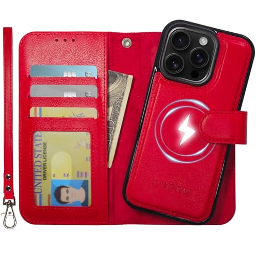 CAVOKAS Handyhülle für iPhone 16 Pro hülle mit Kartenhalter, abnehmbare Ledertasche mit Kartenhalter, Starke magnetische Kompatibilität mit MagSafe, Ständer Schutzhülle 6,3 Zoll, Rot von CAVOKAS