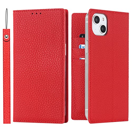 CAVOR Handyhülle kompatibel mit iPhone 14 Plus Hülle,Flip Echtleder Geldbörse Handyhülle,[3 Kartenfach][Magnetisch][RFID Blocker][Mit Band],Klapphülle kompatibel mit iPhone 14 Plus - Rot von CAVOR