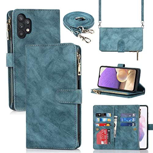 CAVOR Handykette Samsung A32 5G Hülle Mit Band,Handyhülle Samsung A32 5G,Flip Leder Geldbörse Hhülle,[9 Kartenfach][Magnetverschluss],Klapphülle Schutzhülle für Samsung Galaxy A32 5G - Hellblau von CAVOR