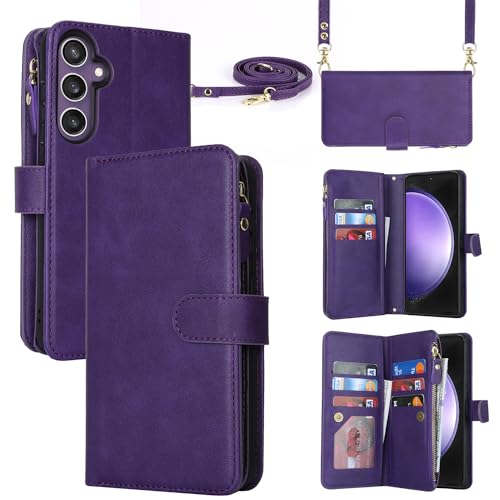 CAVOR Handykette Samsung S23 FE Hülle Mit Band,Handyhülle Samsung S23 FE,Flip Leder Geldbörse Handyhülle,[9 Kartenfach][Magnetverschluss],Klapphülle Schutzhülle für Samsung Galaxy S23 FE - Violett von CAVOR