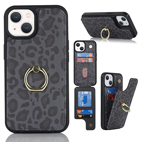 CAVOR iPhone 14 Plus Hülle,Handyhülle iPhone 14 Plus,Flip Folio Leder Geldbörse Karten Hülle,[4 Kartenfach][Ring Ständer],Handyhülle Schutzhülle für iPhone 14 Plus - Schwarz Leopard von CAVOR
