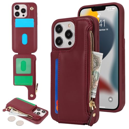 Cavor Schutzhülle für iPhone 13 Pro mit Kartenhalter, iPhone 13 Pro, Brieftaschen-Schutzhülle für Damen und Herren, Handyhülle mit Brieftasche, Leder-Magnetverschluss, Reißverschlussfach, von CAVOR