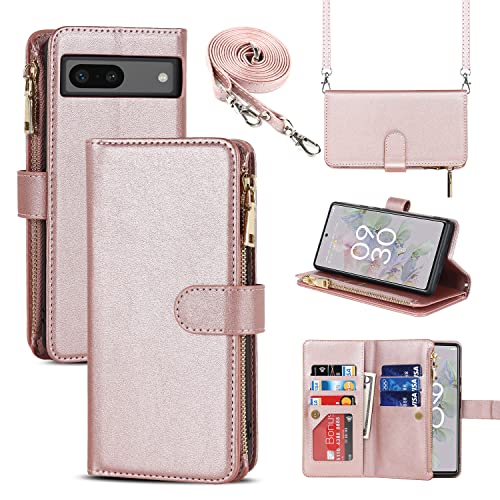 CAVOR Handykette Google Pixel 7A Hülle Mit Band,Flip Leder Geldbörse Handyhülle,[Mit 9 Kartenfach][Reißverschluss],Schutzhülle Klapphülle Handyhülle für Google Pixel 7A - Roségold von CAVOR