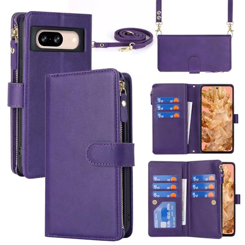 CAVOR Handyhülle Google Pixel 8 Hülle Mit Band,Flip Leder Geldbörse Handyhülle,[Mit 9 Kartenfach][Magnetverschluss],Handykette Klapphülle Handyhülle für Google Pixel 8 - Violett von CAVOR