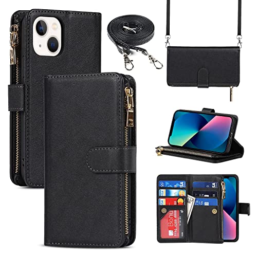 Copmob Handykette Hülle iPhone 13 Mini,Flip Leder Geldbörse Ledertasche Handyhülle,[Mit 9 Kartenfach][Magnetverschluss],Necklace Klapphülle Schutzhülle für iPhone 13 Mini - Schwarz von CAVOR