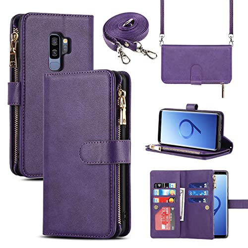 Copmob Handykette Samsung S9 Plus Hülle Mit Band,Handyhülle Samsung S9 Plus,Flip Leder Geldbörse Handyhülle,[9 Kartenfach][Magnetisch],Klapphülle Schutzhülle für Samsung Galaxy S9+ - Violett von CAVOR