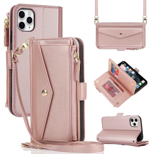 Copmob Handykette iPhone 11 Pro Max Hülle Mit Band,Handyhülle iPhone 11 Pro Max,Flip Leder Geldborse Hülle,[9 Kartenfach][Schnalle],Klapphülle Schutzhülle Handyhülle für iPhone 11 Pro Max - Rose Gold von CAVOR