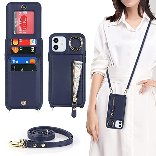 Copmob Handykette iPhone 12/12 Pro Hülle Mit Band,Flip Leder Geldborse Handyhülle,[4 Kartenfach][Mit Ring Stander][Schnalle],Klapphülle Schutzhülle Handyhülle für iPhone 12/12 Pro - Blau von CAVOR