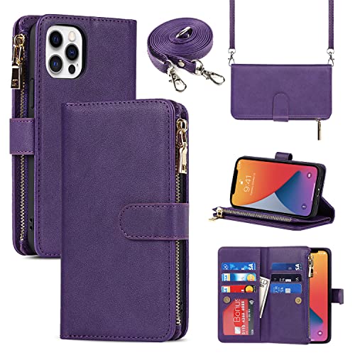 Copmob Handykette iPhone 12 Pro Max Hülle Mit Band,Flip Leder Geldbörse Handyhülle,[9 Kartenfach][Magnetverschluss],Klapphülle Schutzhülle für iPhone 12 Pro Max - Violett von CAVOR