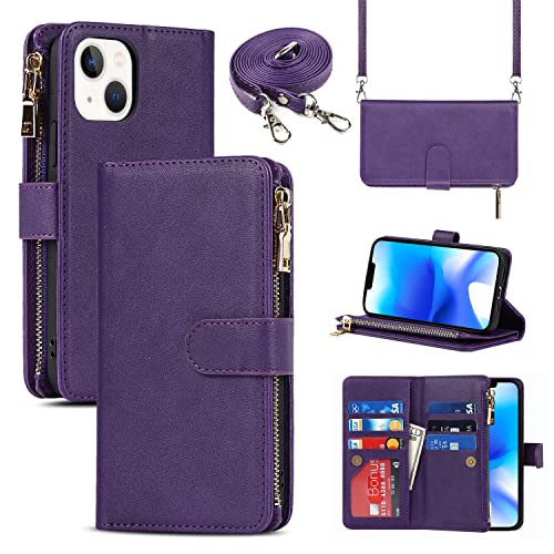 Copmob Handykette iPhone 14 Plus Hülle Mit Band,Handyhülle iPhone 14 Plus,Flip Leder Geldbörse Handyhülle,[9 Kartenfach][Magnetverschluss],Klapphülle Schutzhülle für iPhone 14 Plus - Violett von CAVOR