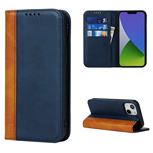 Copmob Hülle iPhone 14,Flip Leder Brieftasche Handyhülle,[3 Kartensteckplatz][Ständerfunktion][Magnetverschluss],Klapphülle Ledertasche Schutzhülle für iPhone 14 - Blau+Gelb von CAVOR