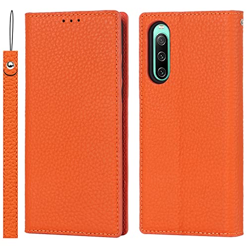 Copmob Sony Xperia 10 IV Hülle Mit Band,Flip Echtleder Geldbörse Handyhülle,[Mit 3 Kartenfach][Magnetverschluss][RFID Blocker],Klapphülle Schutzhülle für Sony Xperia 10 IV - Orange von CAVOR