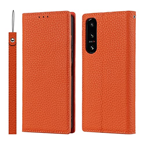 Copmob Sony Xperia 5 IV Hülle Mit Band,Flip Echtleder Geldbörse Handyhülle,[Mit 3 Kartenfach][Magnetverschluss][RFID Blocker],Klapphülle Schutzhülle für Sony Xperia 5 IV - Orange von CAVOR