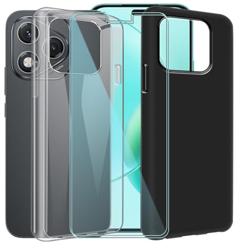 CAXKJE 2 Pack Handyhülle + 2 Stück Schutzfolie für Honor X70i (6.70 Zoll),Weiche Silikon Hülle Ultra dünne Schutzhülle,Stoßfest Handyhülle Kratzfest Bumper Case(Transparent + Schwarz) von CAXKJE