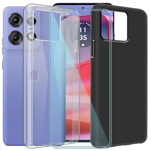CAXKJE 2 Pack Handyhülle + 2 Stück Schutzfolie für Motorola Edge 60 Pro (6.67 Zoll),Weiche Silikon Hülle Ultra dünne Schutzhülle,Stoßfest Handyhülle Kratzfest Bumper Case(Transparent + Schwarz) von CAXKJE