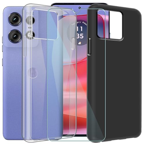 CAXKJE 2 Pack Handyhülle + Schutzfolie für Motorola Edge 60 (6.67 Zoll),Weiche Silikon Hülle Ultra dünne Schutzhülle,Stoßfest Handyhülle Kratzfest Bumper Case(Transparent + Schwarz) von CAXKJE