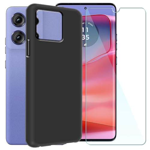 CAXKJE Handyhülle für Motorola Edge 60 (6.67 Zoll) Silikon Hülle + Gehärtetes Schutzfolie,Schwarz TPU Weiche Schutzhülle,Bumper Case Handyhülle mit 9H Gehärtetes Glas Film - TH von CAXKJE