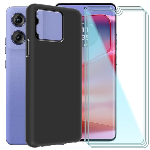CAXKJE Handyhülle für Motorola Edge 60 Pro (6.67 Zoll) Silikon Hülle + [4 Stück] Gehärtetes Schutzfolie,Schwarz Weiche Schutzhülle Bumper Case Handyhülle mit 9H Gehärtetes Glas Film - Schwarz von CAXKJE