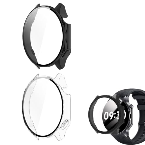 CBDYWVR Gehäuse für ONEPLUS Watch 2 Smartwatch, Bildschirmschutzhülle für OnePlus Watch 2, Harter PC-Rahmen mit gehärtetem Glas, kompatibel mit OnePlusWatch 2 (2 Pack-Black + Transparent) von CBDYWVR