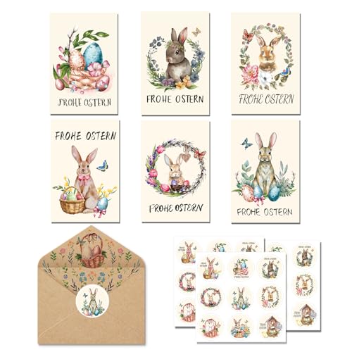 CC HOME Ostern Grußkarten mit Umschlägen Dankeskarten, 24-teiliges Ostergrußkarten-Set, Osterfaltkarten mit Umschlägen und Aufklebern, Osterhasen-Postkarten für Kinder, Familie, Freunde(Osterhase A) von CC HOME