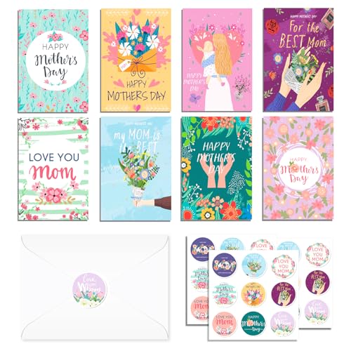 Geschenk für die Beste Mutter Grußkarten, 24-teiliges Set von Muttertag Themed Grußkarten, Faltende Postkarten mit Umschlägen und Aufklebern 8-Stile,zum Geburtstagskarte der Mutter Muttertag Karte Geschenk für die Beste Mutter Grußkarten, 24-teiliges Set von Muttertag Themed Grußkarten, Faltende Postkarten mit Umschlägen und Aufklebern 8-Stile,zum Geburtstagskarte der Mutter Muttertag Karte von CC HOME