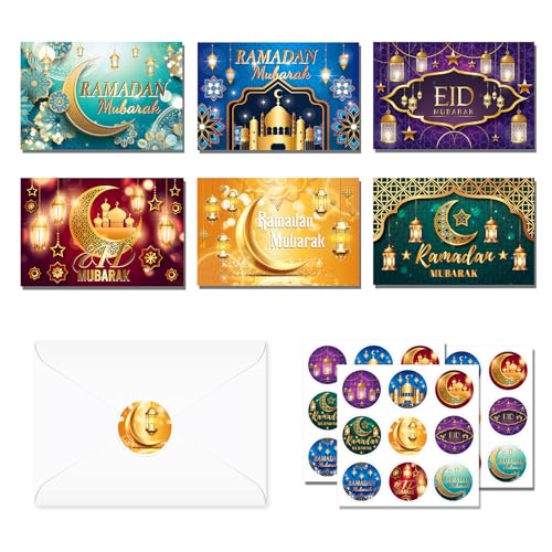 Ramadan Mubarak Grußkarten mit Umschlägen, Satz von 24 Ramadan Mubarak Grußkarten, Ramadan Faltkarten mit Umschlägen und Aufklebern, Ramadan Postkarten Eid Mubarak Karten für Kinder, Familie, Freunde von CC HOME