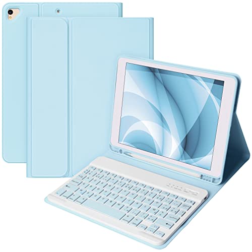 Tastatur für iPad 10.2 9th 2021/8th 2020/10.2 7th 2019/10.5/Air 3, kabellose Bluetooth-Tastatur, französisch, Schutzhülle mit Eingabestift, abnehmbare Tastaturhülle für iPad (Light Blue) von CC Store