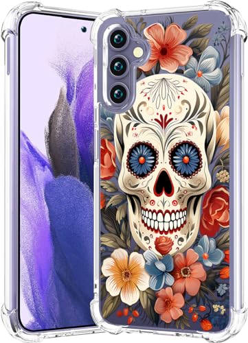 CCFUNCASE Kompatibel mit Samsung Galaxy S24 Hülle, transparent, niedlich für Frauen – robuste Handyhülle, Funda-Schutz, Schutzhülle für Galaxy S24 (Totenkopf, Blumen, rote Rose) von CCFUNCASE