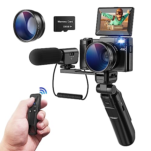 CCN Digitalkamera 4K, 48MP Fotokamera mit 180° Flip 3.0" Bildschirm, 16X Digitalzoom Kompaktkamera mit Stativ und Mikrofon, mit Weitwinkel Linse und Macro Linse, Fernsteuerung, 32GB TF-Karte, Schwarz von CCN