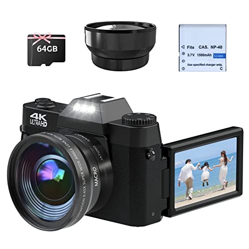 CCN Digitalkamera 4K 48MP, Fotokamera mit 180° Flip 3.0" Bildschirm, 16X Digitalzoom Kompaktkamera, 64GB TF-Karte, mit Macro Linse und Weitwinkel Linse, WiFi-Funktionalität, Upgrade-Version, Schwarz von CCN