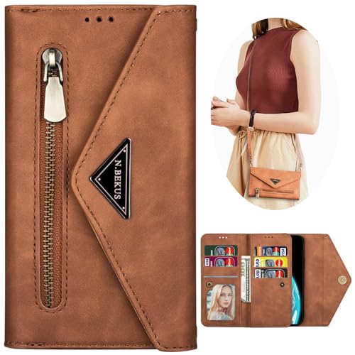 CCSamll Crossbody-Schutzhülle für Samsung Galaxy S24 FE (nicht S24), für Damen, mit Reißverschluss, Handtasche, Umhängeband, mit 9 Kartenfächern, für Samsung S24 FE XK, Braun von CCSmall
