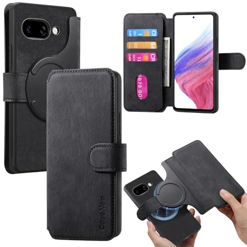 CCSmall Abnehmbare magnetische Brieftaschen-Schutzhülle für Google Pixel 9a, kompatibel mit MagSafe, RFID-blockierend, Retro-Klapphülle aus Leder mit Kartenfächern für Google 9a KQX, Schwarz von CCSmall