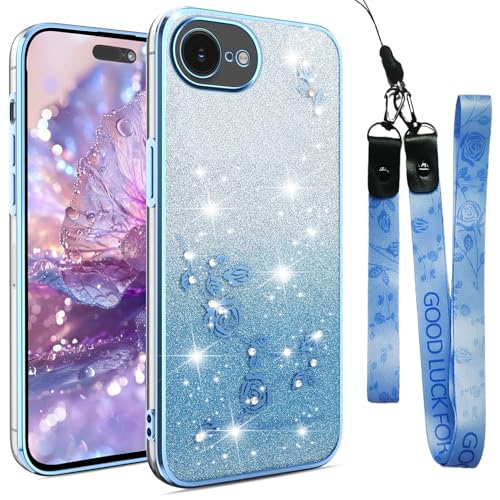 CCSmall Bling Schutzhülle für Apple iPhone 16e für Damen und Mädchen, Glitzer-Diamant-Blume, Crossbody-Tasche mit Schultergurt, Armband, glitzernde Schutzhülle für iPhone 16e, YSH Blau von CCSmall
