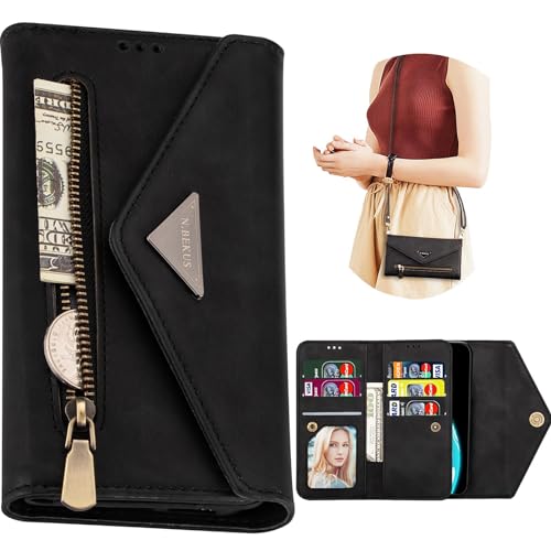 CCSmall CCSamll Crossbody-Schutzhülle für Samsung Galaxy A42 5G für Damen, Reißverschluss, Handtasche, Umhängeband, mit 9 Kartenfächern, für Samsung Galaxy A42 5G XK, Schwarz von CCSmall