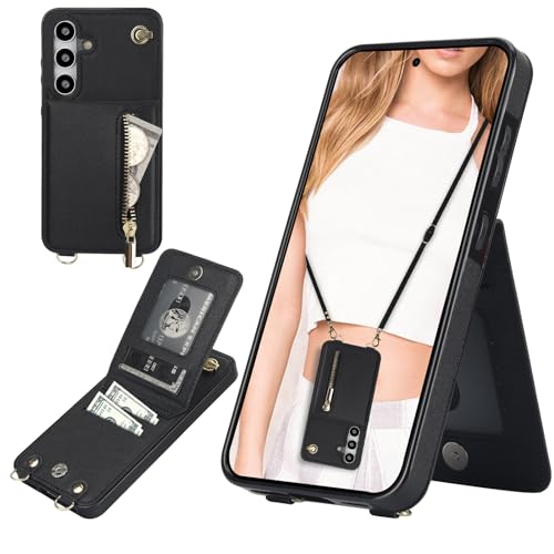 CCSmall Crossbody-Schutzhülle für Samsung Galaxy S24+ Plus, PU-Leder, Reißverschluss, Handtasche, Geldbörse, Flip-Cover mit Ständer, für Samsung Galaxy S24 Plus ZP, Schwarz von CCSmall