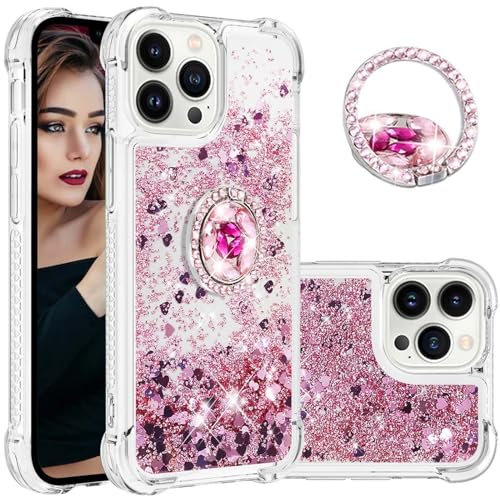 CCSmall Glitzer Clear Sparkly Bling Hülle für Apple iPhone 15 Pro, Fließender Flüssiger Treibsand Cover mit Diamant Ring Halter Case für iPhone 15 Pro LSZ Roségold von CCSmall