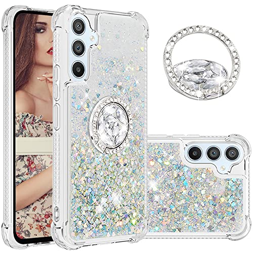 CCSmall Glitzer-Schutzhülle für Samsung Galaxy A34 5G für Frauen und Mädchen, fließende Flüssigkeit, Treibsand mit Diamantring-Halterung, Hülle für Samsung Galaxy A34 5G, LSZ, Silber von CCSmall