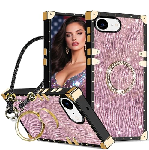 CCSmall Glitzer-Schutzhülle für Apple iPhone 16e mit glitzernder Handschlaufe, Wasserwellen-Wellen-Schutzhülle mit Diamant-Rotationsring-Ständer für Mädchen, SBW, Roségold von CCSmall