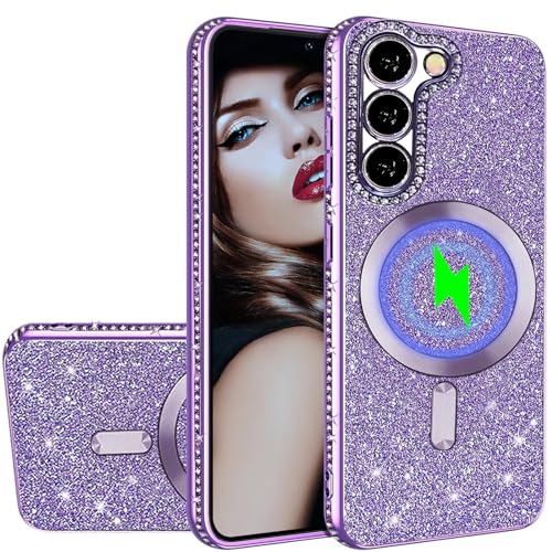 CCSmall Glitzer-Schutzhülle für Samsung Galaxy S22 mit Kameraobjektivschutz, schlanke TPU-Hülle mit Magsafe Glänzend Bling Sparkly Diamond Cover für Samsung S22 KCZ Lila von CCSmall