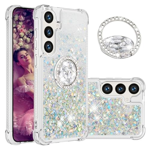 CCSmall Glitzernde Klar Sparkly Bling Hülle für Samsung Galaxy S24 Plus (nicht S24), fließende Flüssigkeit Treibsand Cover mit Diamant Ring Halter Hülle für Samsung Galaxy S24 Plus LSZ Silber von CCSmall