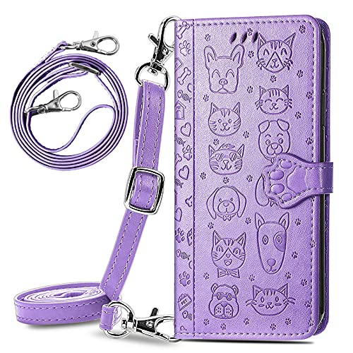 CCSmall OnePlus Nord N200 5G Crossbody-Handyhülle, niedliche Katze, Hund, Cartoon-Stil, Klapp-Handyhülle mit abnehmbarem Umhängeband mit Kartenhalter, für OnePlus Nord N200 5G MGG, Violett von CCSmall