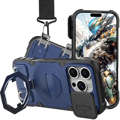 CCSmall Schutzhülle für Apple iPhone 16 Pro, kompatibel mit MagSafe, militärischer Schutz, verstellbares Umhängeband, mit Ständer und Schiebe-Kamera-Abdeckung für iPhone 16 Pro, JZ, Blau von CCSmall