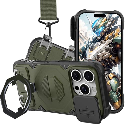 CCSmall Schutzhülle für Apple iPhone 16 Pro, kompatibel mit MagSafe, militärischer Schutz, verstellbares Umhängeband, mit Ständer und Schiebe-Kamera-Abdeckung für iPhone 16 Pro, JZ, Grün von CCSmall