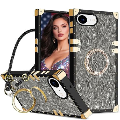 CCSmall Schutzhülle für Apple iPhone 16e, Glitzer-Schutzhülle mit glitzernder Handschlaufe, Wasserwellen-Wellen-Schutzhülle mit Diamant-Rotationsring-Ständer für Mädchen, Schwarz CCSmall Schutzhülle für Apple iPhone 16e, Glitzer-Schutzhülle mit glitzernder Handschlaufe, Wasserwellen-Wellen-Schutzhülle mit Diamant-Rotationsring-Ständer für Mädchen, Schwarz von CCSmall