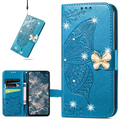 CCSmall Schutzhülle für Apple iPhone 16e, für Damen und Mädchen, geprägtes Blumenmuster, Schmetterling, PU-Leder, Flip-Case mit Kartenschlitz, für Apple iPhone 16e, Strass, Blau CCSmall Schutzhülle für Apple iPhone 16e, für Damen und Mädchen, geprägtes Blumenmuster, Schmetterling, PU-Leder, Flip-Case mit Kartenschlitz, für Apple iPhone 16e, Strass, Blau von CCSmall